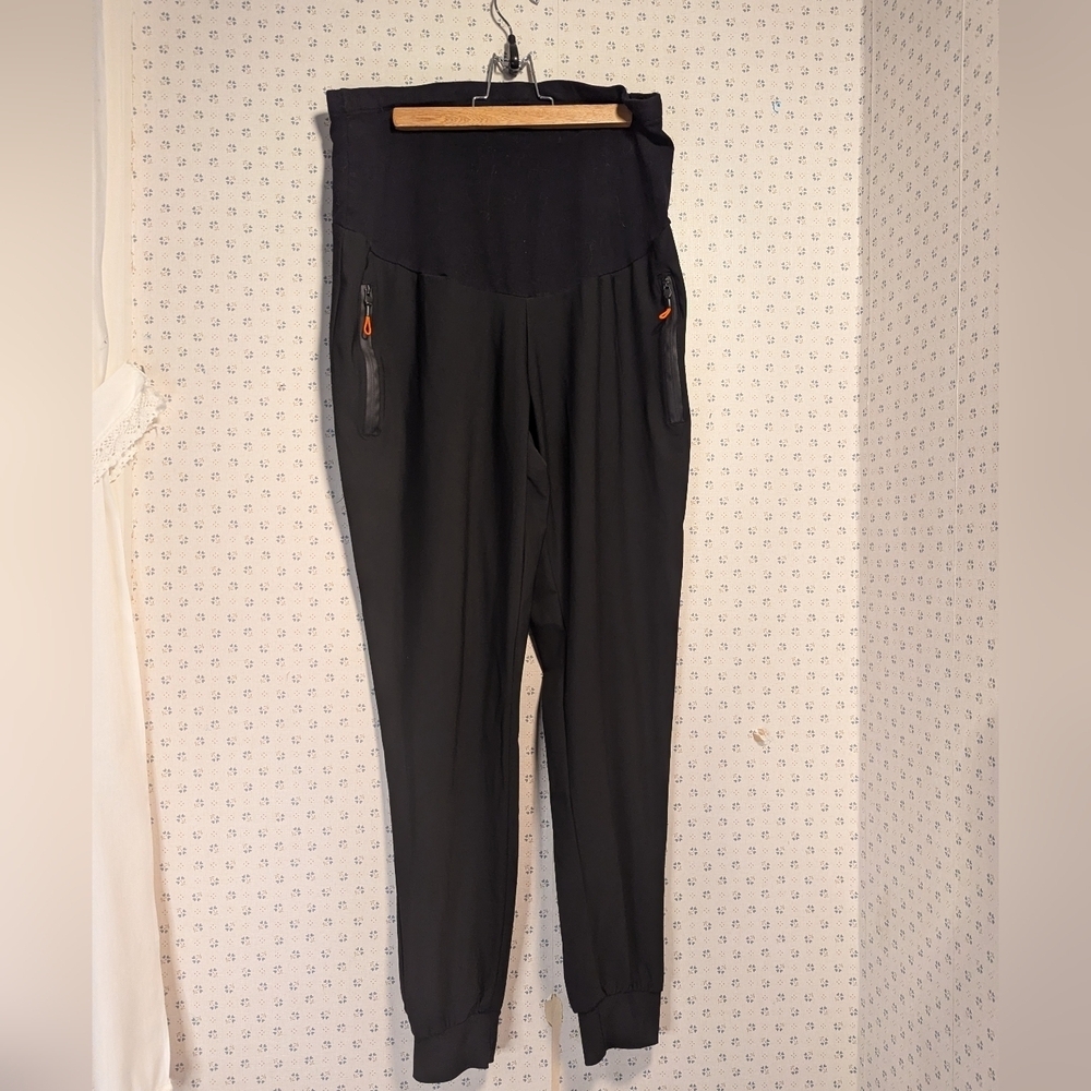 🖤Maternity Sports Pants size S side pockets zip orange tab gathered ankle